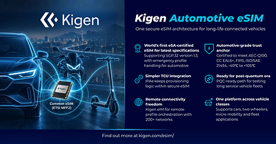 Kigen Automotive eSIM is the first ever eSA-certified to support GSMA SGP.32 version 1.3 bringing emergency profile support for connected cars, simpler integration for Telematics Control Units and a common architecture across different types of connected vehicles, and enhancing security for OEMs and Tier-1s to prepare for Post-Quantum era threats Kigen Automotive eSIM is the first ever eSA-certified to support GSMA SGP.32 version 1.3 bringing emergency profile support for connected cars, simpler integration for Telematics Control Units and a common architecture across different types of connected vehicles, and enhancing security for OEMs and Tier-1s to prepare for Post-Quantum era threats