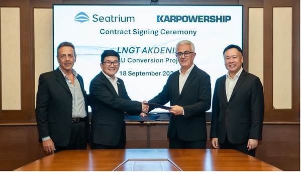 Karpowership and Seatrium mark the award of LNGT Akdeniz, the partnership's ninth FSRU conversion project. From left to right – Mr. Osman Murat Karadeniz, Chairman, Karpowership, Mr. Alvin Gan, Executive Vice President, Repairs & Upgrades, Seatrium, Mr. Gokhan Kocak, Chief Technical Operations Officer, Karpowership and Mr. Chris Ong, Chief Executive Officer, Seatrium. From left to right – Mr. Osman Murat Karadeniz, Chairman, Karpowership, Mr. Alvin Gan, Executive Vice President, Repairs & Upgrades, Seatrium, Mr. Gokhan Kocak, Chief Technical Operations Officer, Karpowership and Mr. Chris Ong, Chief Executive Officer, Seatrium. Photo Credit: Seatrium Karpowership and Seatrium mark the award of LNGT Akdeniz, the partnership's ninth FSRU conversion project. From left to right – Mr. Osman Murat Karadeniz, Chairman, Karpowership, Mr. Alvin Gan, Executive Vice President, Repairs & Upgrades, Seatrium, Mr. Gokhan Kocak, Chief Technical Operations Officer, Karpowership and Mr. Chris Ong, Chief Executive Officer, Seatrium. From left to right – Mr. Osman Murat Karadeniz, Chairman, Karpowership, Mr. Alvin Gan, Executive Vice President, Repairs & Upgrades, Seatrium, Mr. Gokhan Kocak, Chief Technical Operations Officer, Karpowership and Mr. Chris Ong, Chief Executive Officer, Seatrium. Photo Credit: Seatrium